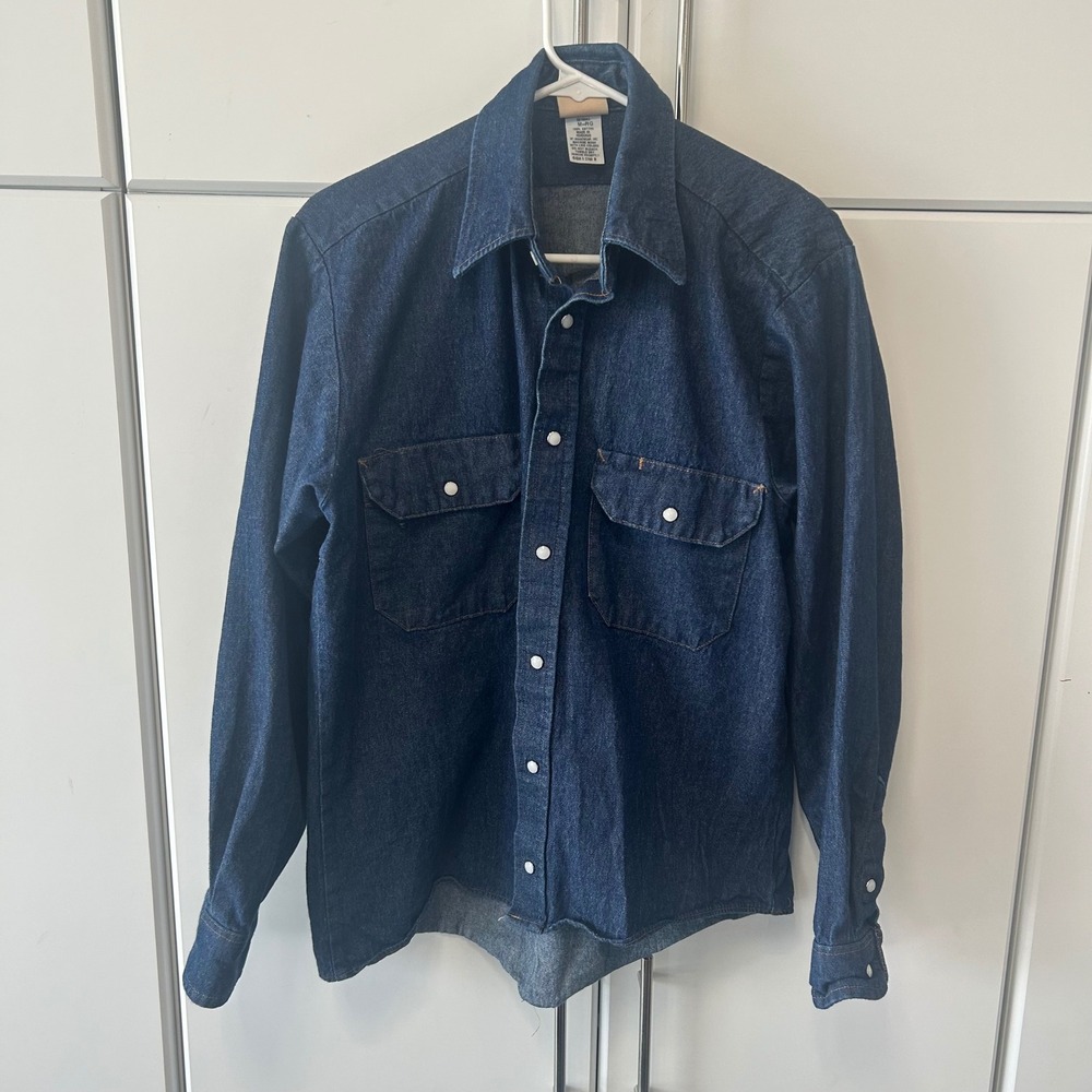 Red Kap Mens Denim Work Shirt Blue Long Sleeve Pearl Snap Button Up Size Medium